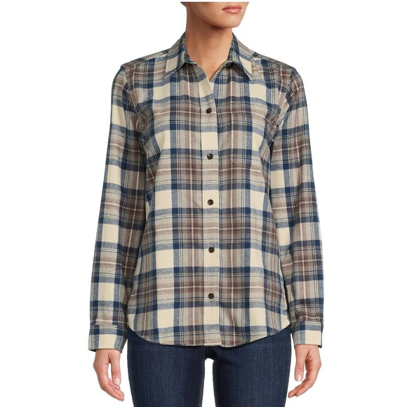 L.L.Bean Indigo Tartan Scotch Plaid Flannel LS Relaxed Button Front Shirt S NWT - Picture 1 of 7